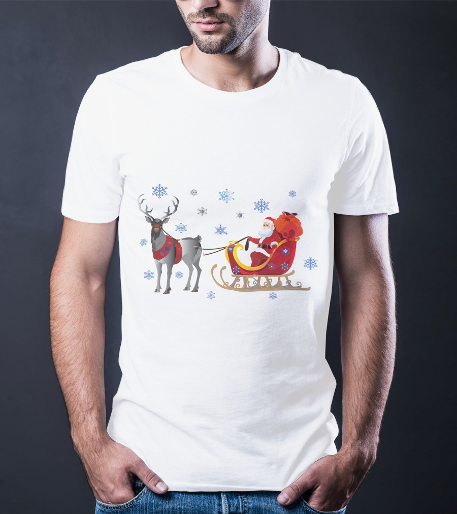 Christmas Santa With Reindeer And Sleigh Surrounded By Snowflakes T-Shirt