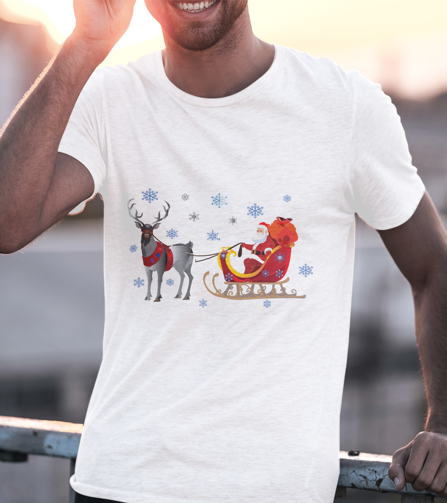 Christmas Santa With Reindeer And Sleigh Surrounded By Snowflakes T-Shirt