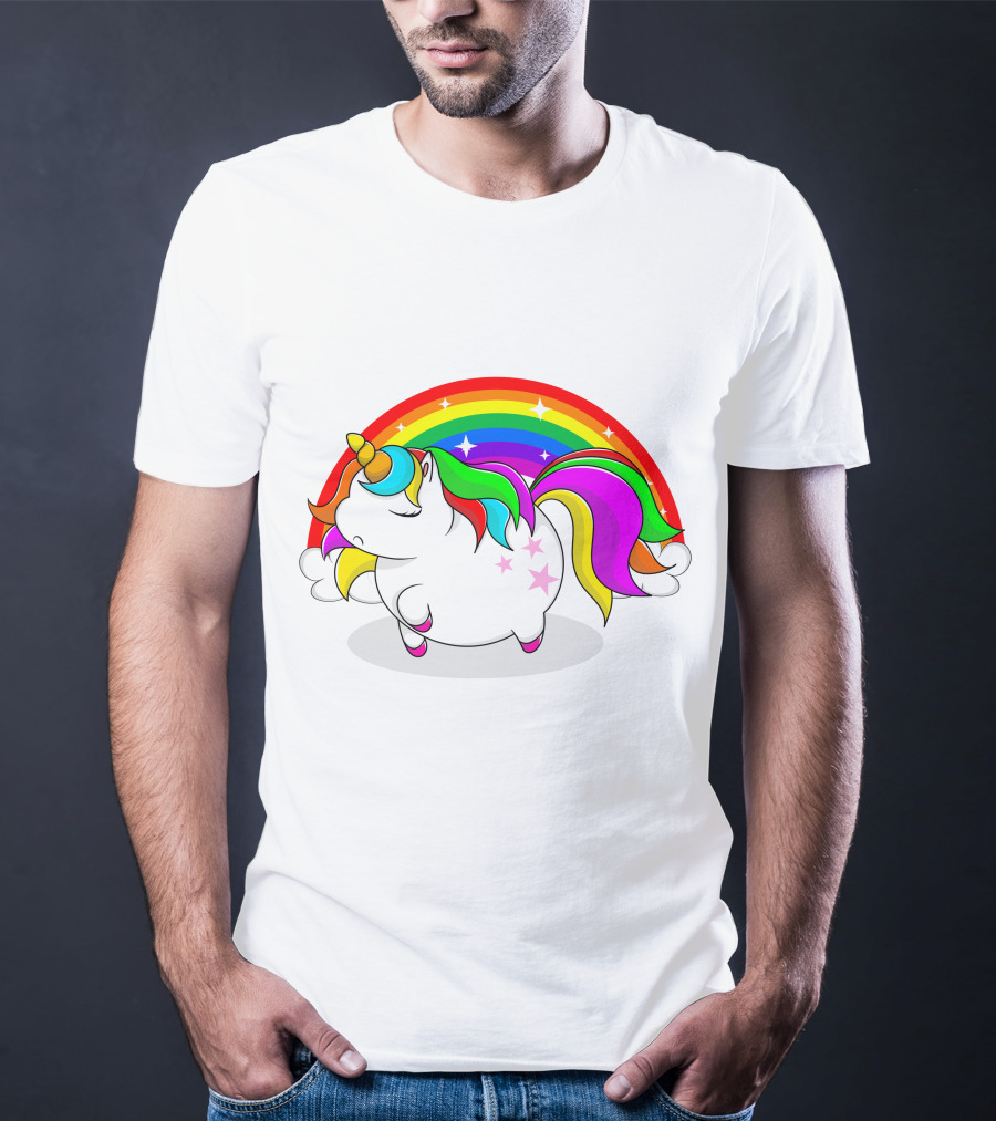 Cute Fat Unicorn With Rainbow Mane And Stars T-Shirt
