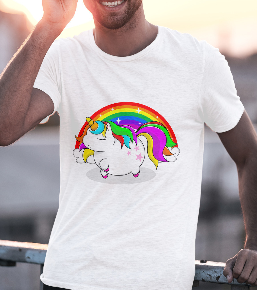 Cute Fat Unicorn With Rainbow Mane And Stars T-Shirt