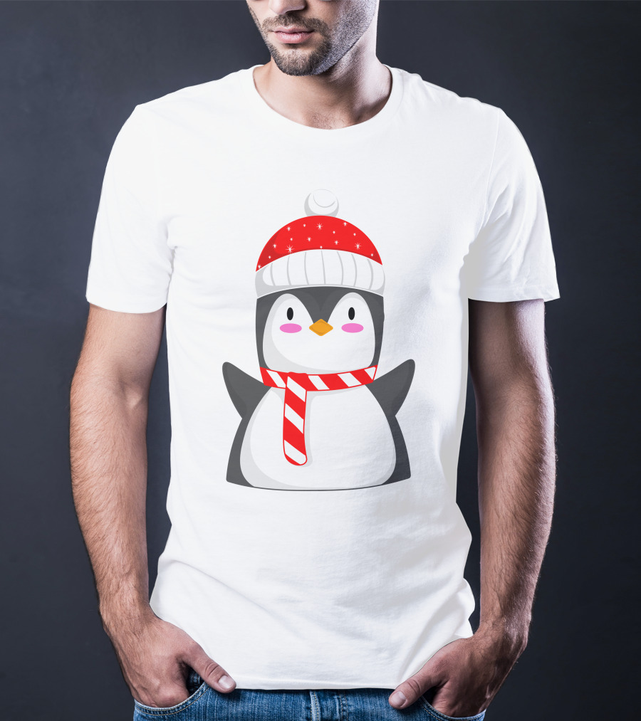 Pinguine Wearing Red Hat And Scarf Resembling A Snowman T-Shirt
