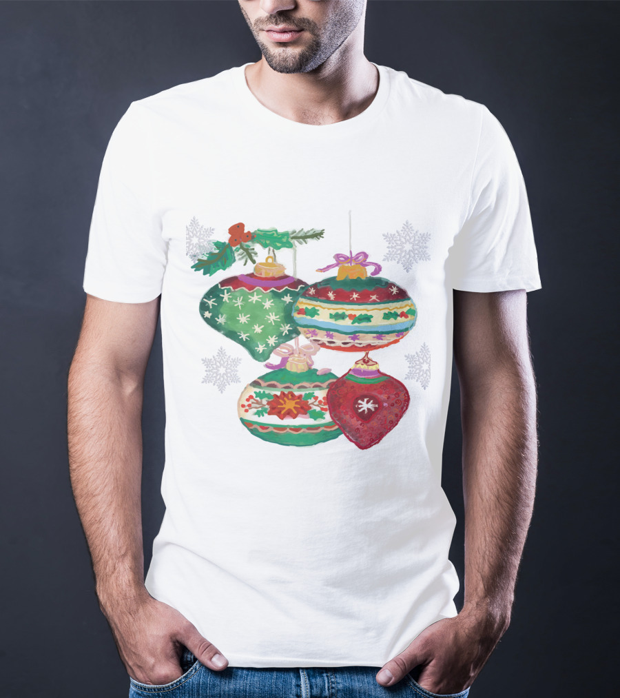 Watercolor Christmas Balls Snowflake Ornaments With Holly And Ribbon Accents T-Shirt