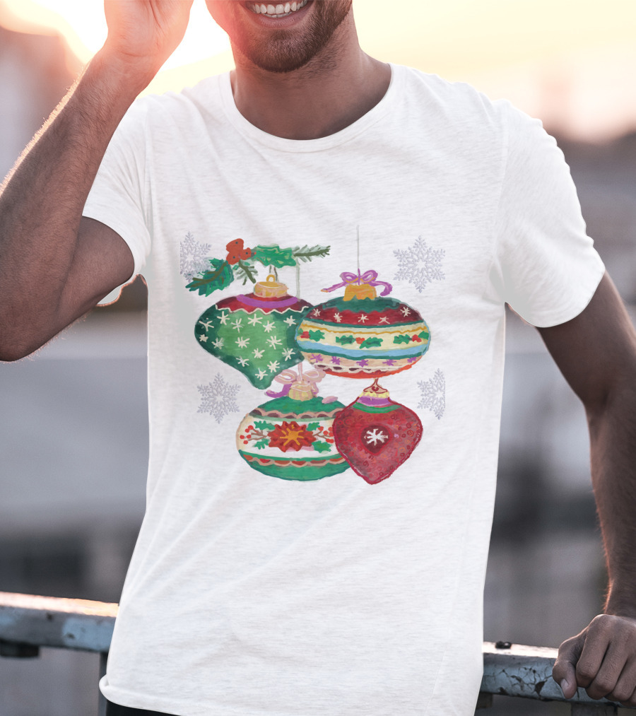 Watercolor Christmas Balls Snowflake Ornaments With Holly And Ribbon Accents T-Shirt