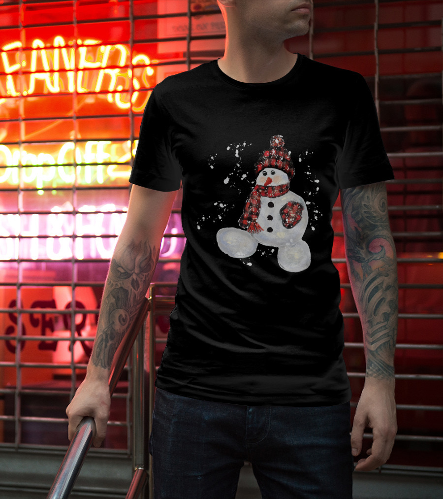 Watercolor Snowman Buffalo Plaid Hat And Scarf With Snowflakes T-Shirt