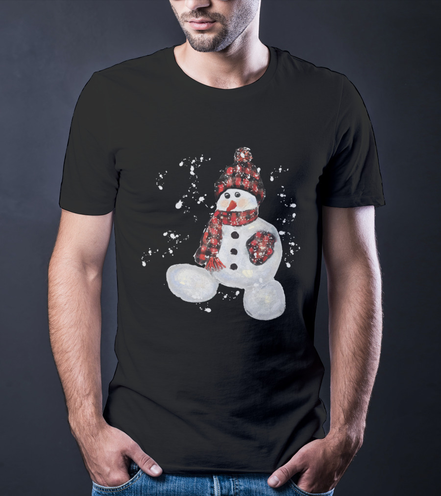 Watercolor Snowman Buffalo Plaid Hat And Scarf With Snowflakes T-Shirt