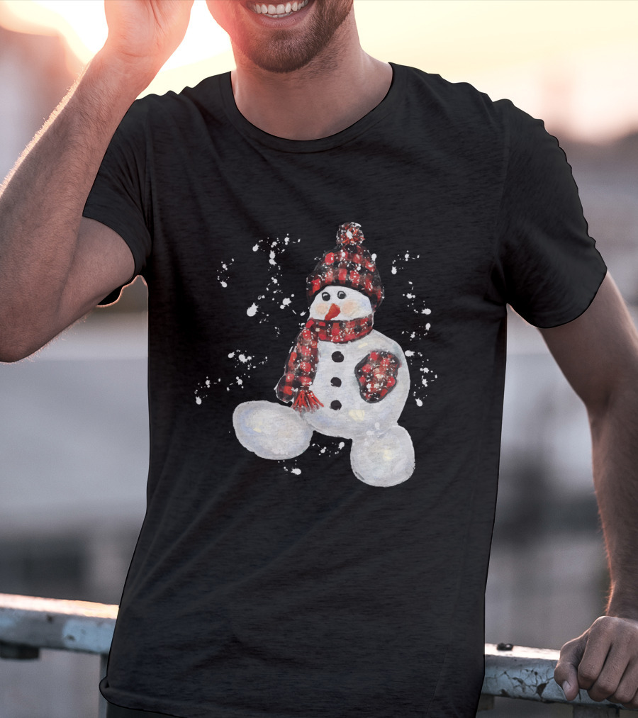 Watercolor Snowman Buffalo Plaid Hat And Scarf With Snowflakes T-Shirt