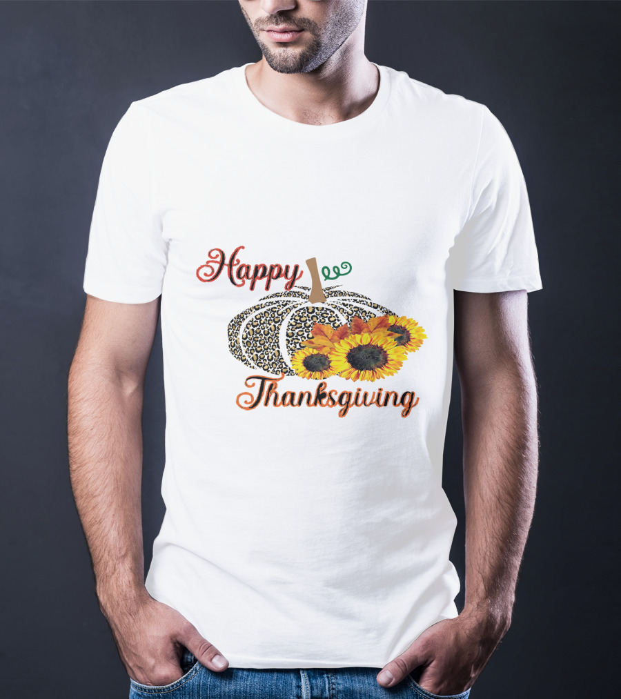 Happy Thanksgiving Leopard Print Pumpkin Sunflowers T-Shirt