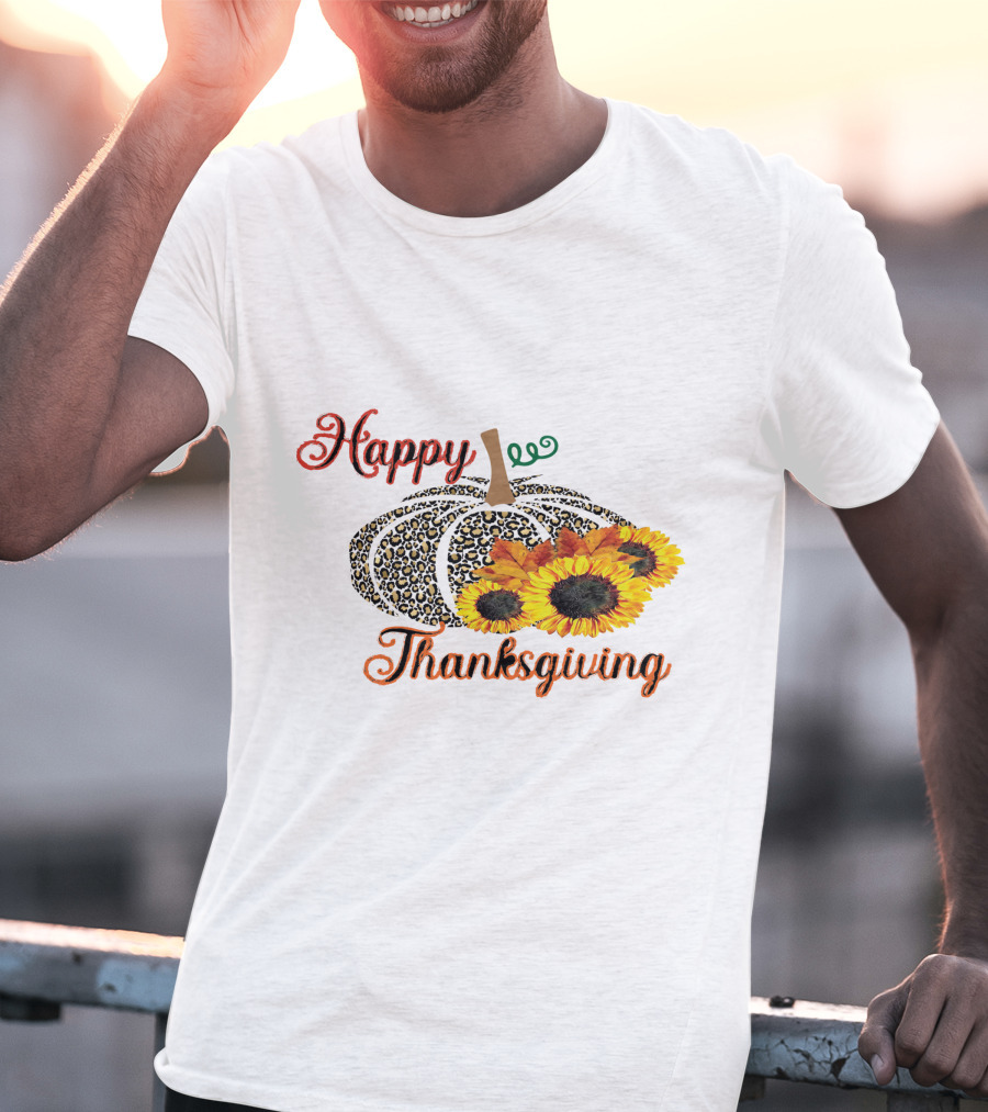 Happy Thanksgiving Leopard Print Pumpkin Sunflowers T-Shirt