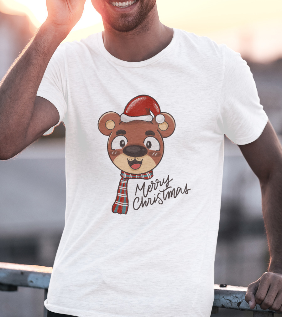 Merry Christmas Bear Wearing Santa Hat And Scarf T-Shirt