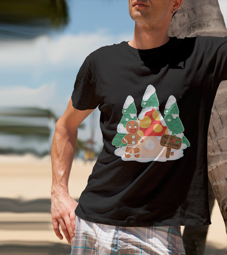 Merry Christmas Gingerman House With Snowy Trees And Mushroom Roof T-Shirt