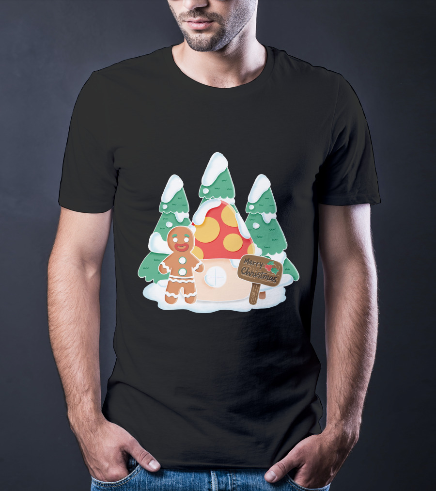 Merry Christmas Gingerman House With Snowy Trees And Mushroom Roof T-Shirt