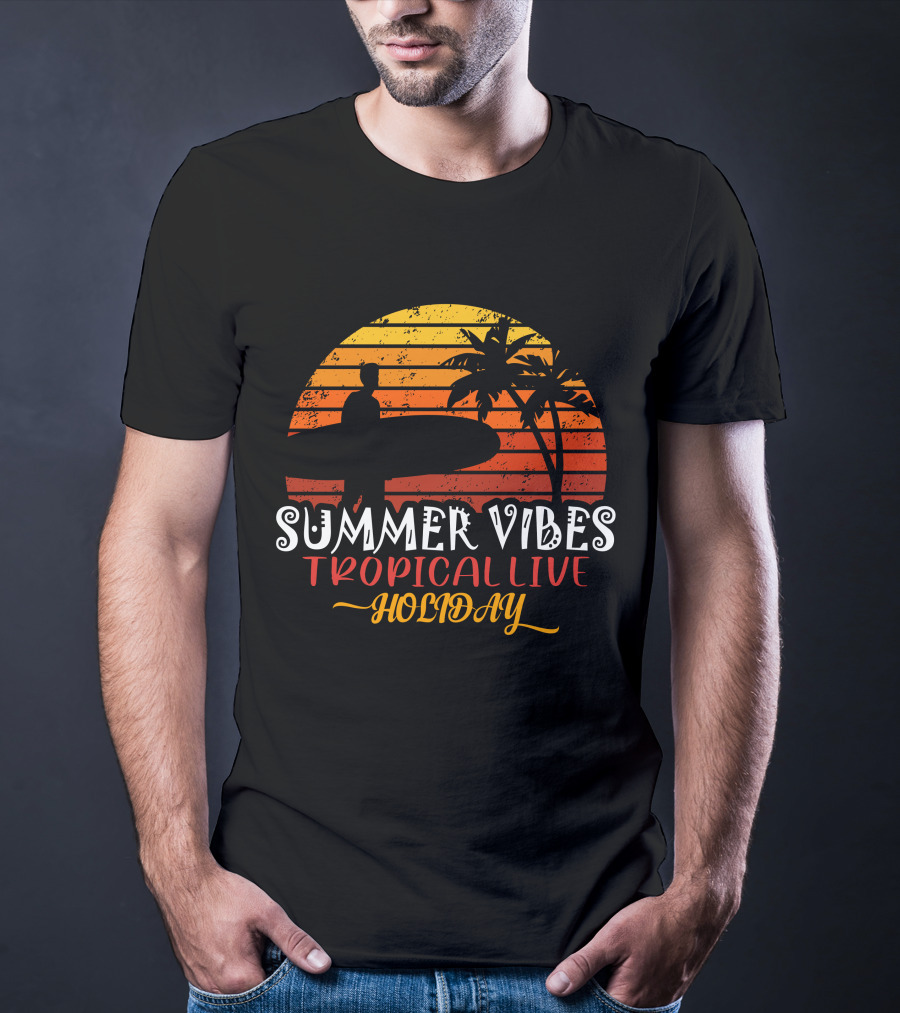 Summer Vibes Tropical Live Holiday Surfer Sunset Palms T-Shirt
