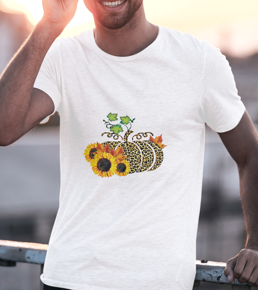Thanksgiving Leopard Pumpkin Sunflowers And Leaves T-Shirt