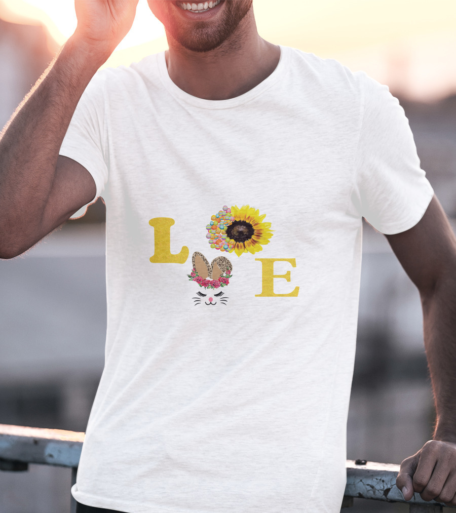 Love Sunflower Bunny With Floral Ears And Cheetah Print Bow T-Shirt