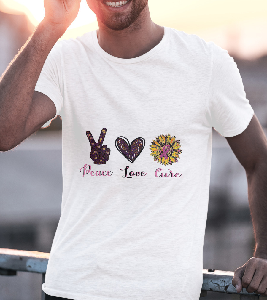 Peace Love Cure Breast Cancer Sunflower Heart And Peace Sign T-Shirt