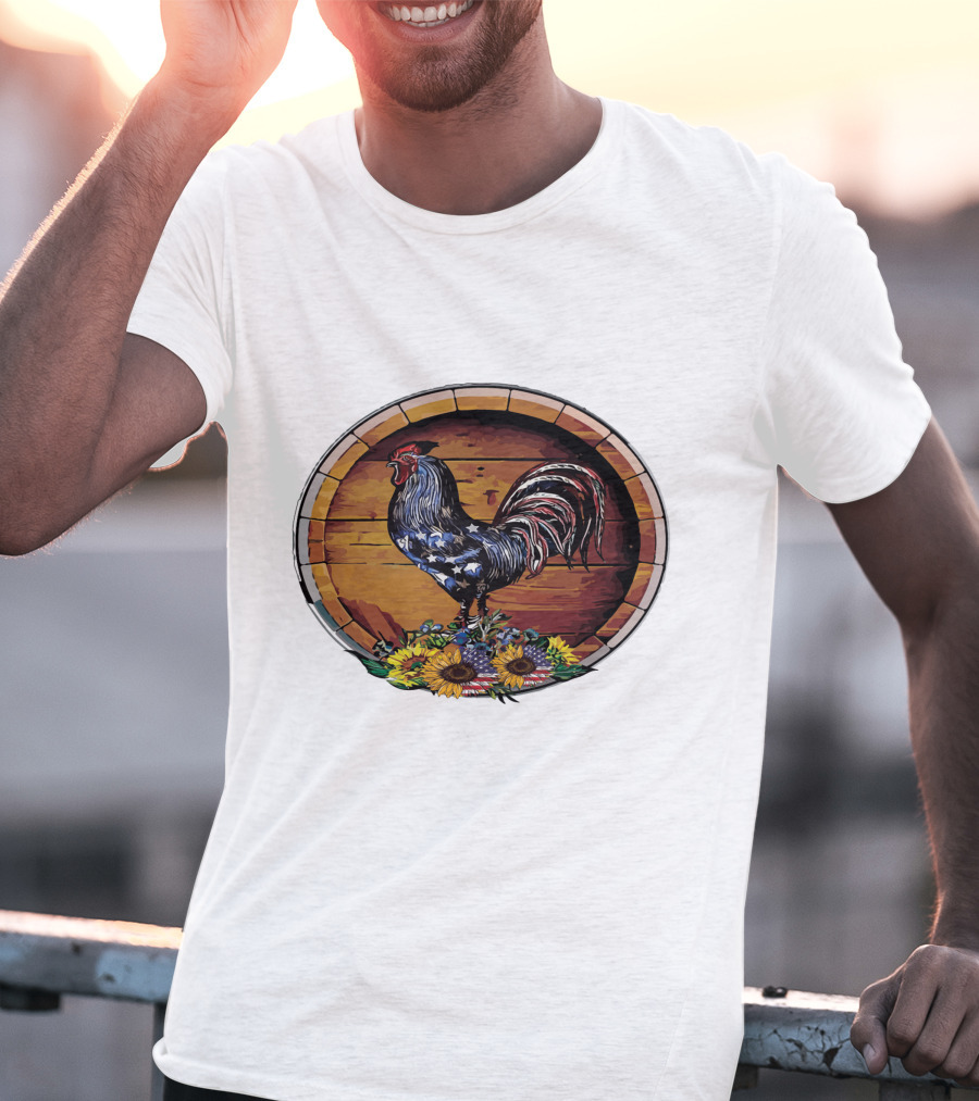 USA Rooster On Wine Barrel With Sunflowers T-Shirt