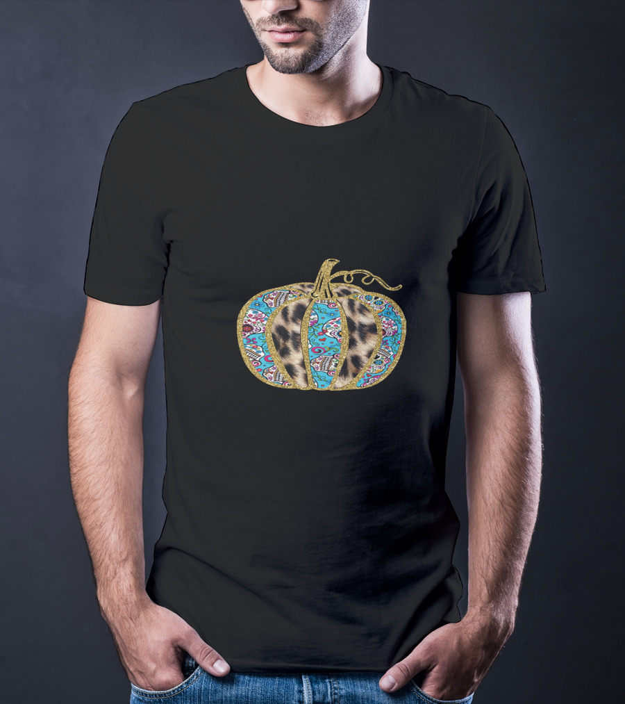 Leopard Turquoise Sugar Skull Pattern Pumpkin T-Shirt