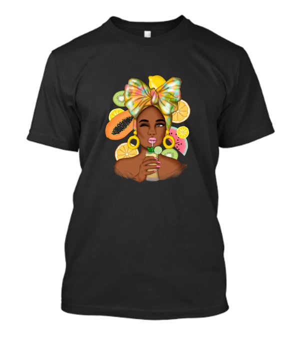 Fruit Design Afro Woman With Colorful Headwrap And Tropical Fruits T-Shirt