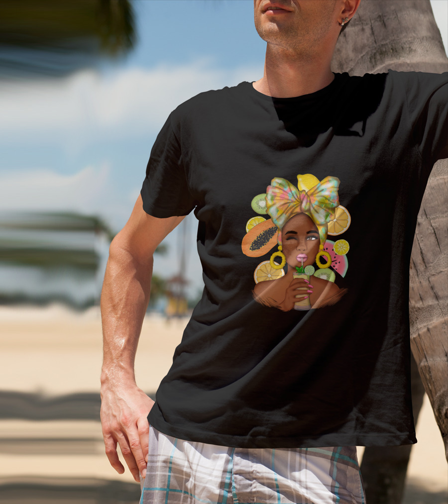 Fruit Design Afro Woman With Colorful Headwrap And Tropical Fruits T-Shirt