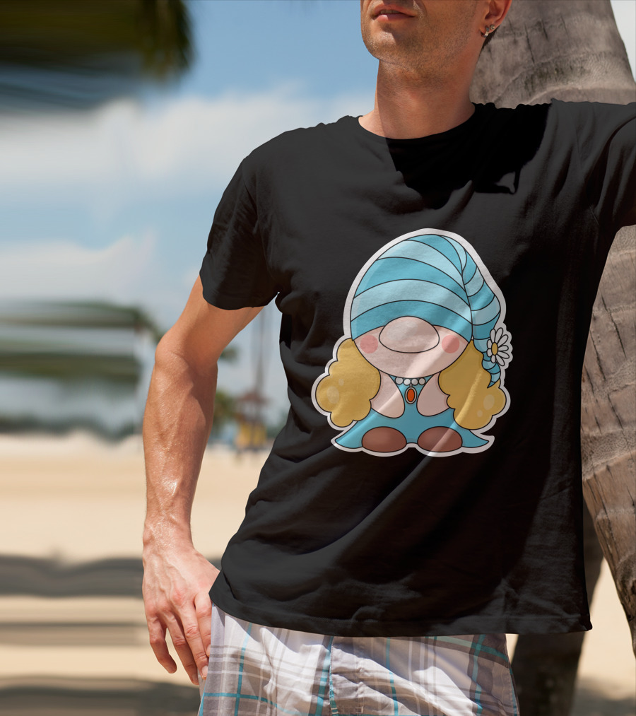Gnome Sticker Blue Hat Daisy Blonde Hair Cute Comic T-Shirt