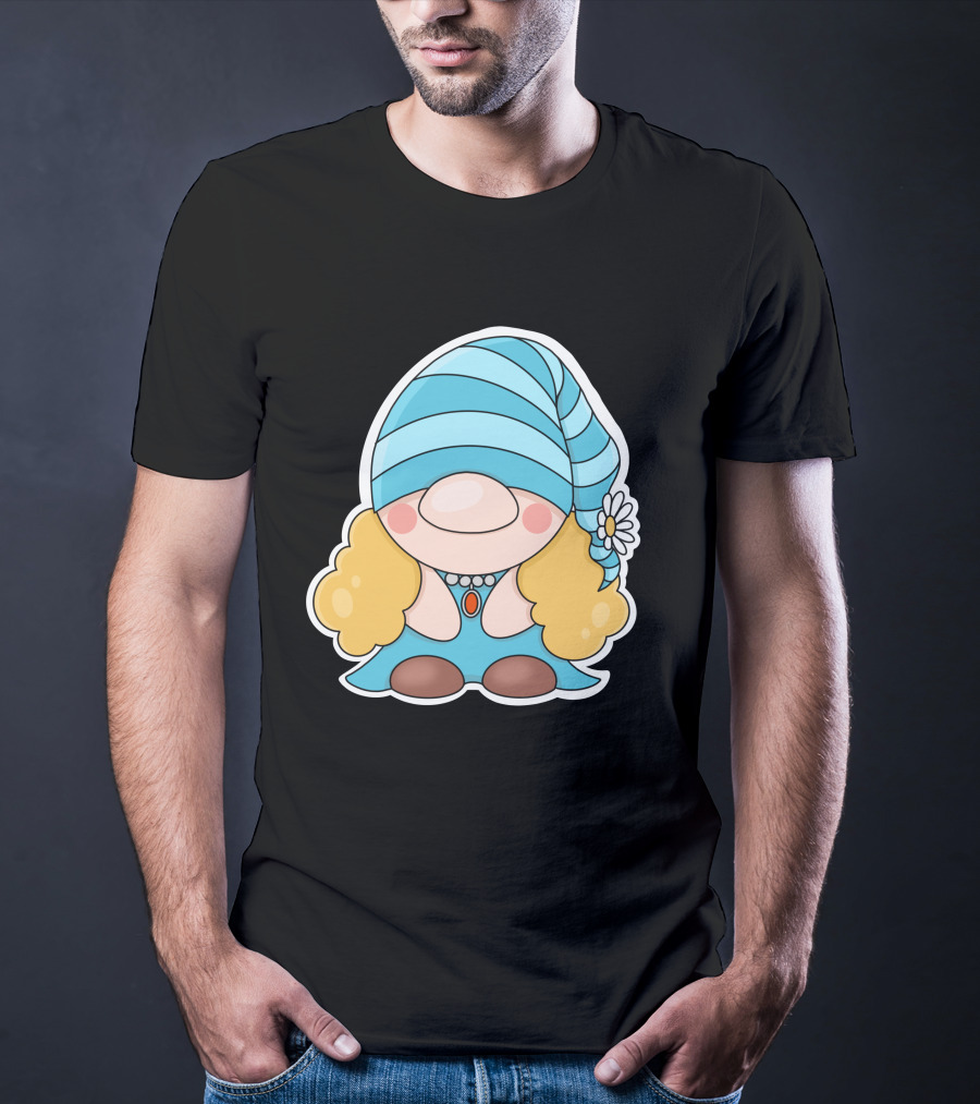 Gnome Sticker Blue Hat Daisy Blonde Hair Cute Comic T-Shirt