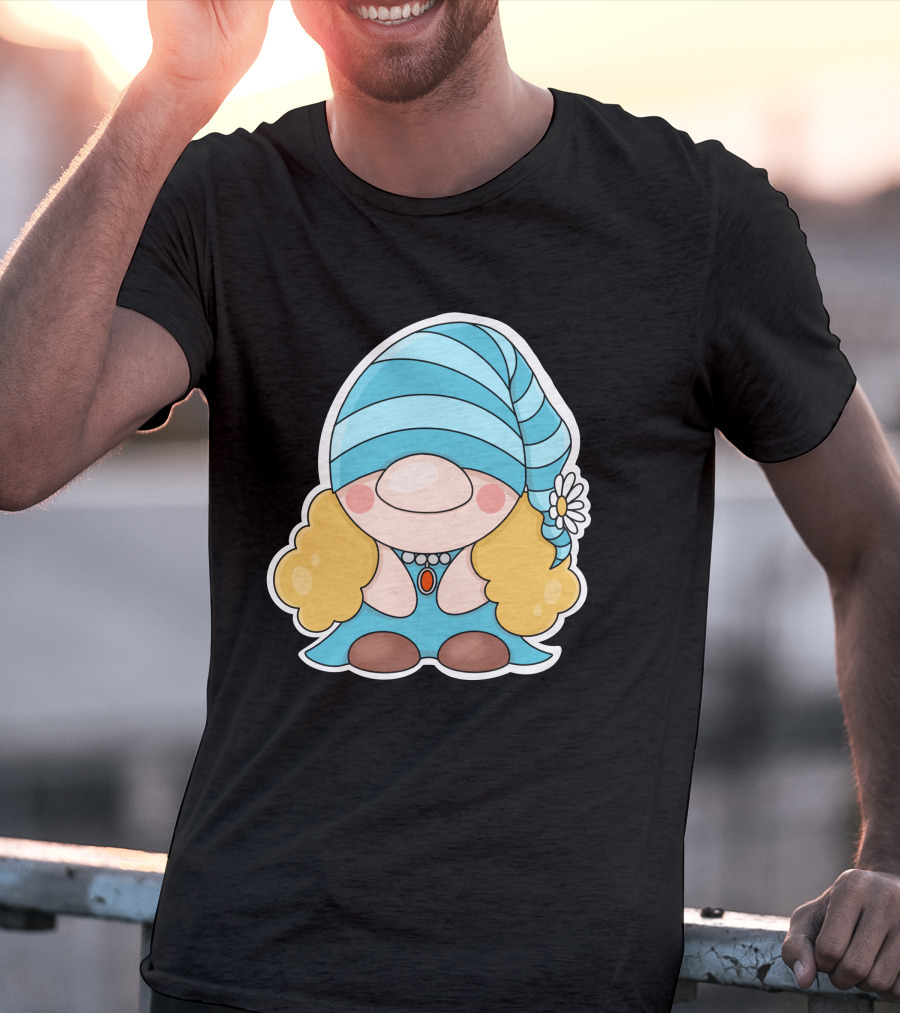 Gnome Sticker Blue Hat Daisy Blonde Hair Cute Comic T-Shirt