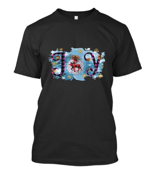 Joy Plaid Christmas Reindeer Snowflakes Pinecones T-Shirt