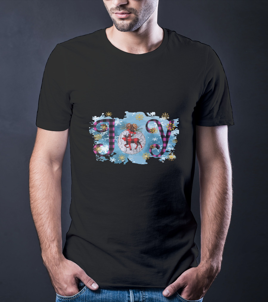 Joy Plaid Christmas Reindeer Snowflakes Pinecones T-Shirt