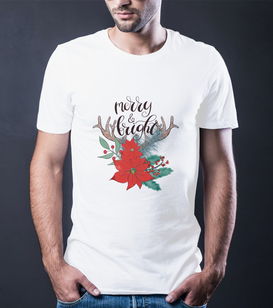 Merry And Bright Antler Poinsettia Christmas Florals T-Shirt