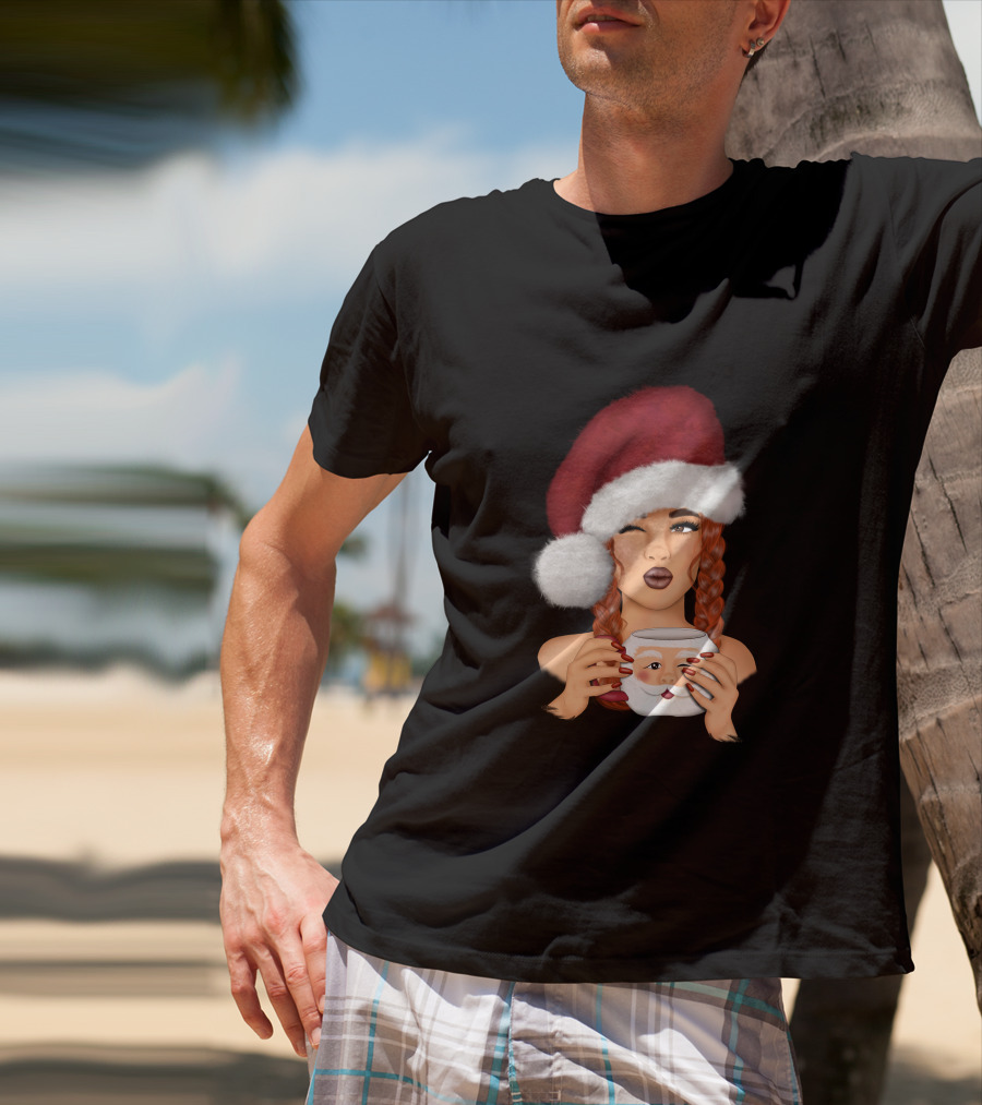 Christmas Red Hair Girl With Santa Hat And Santa Mug T-Shirt