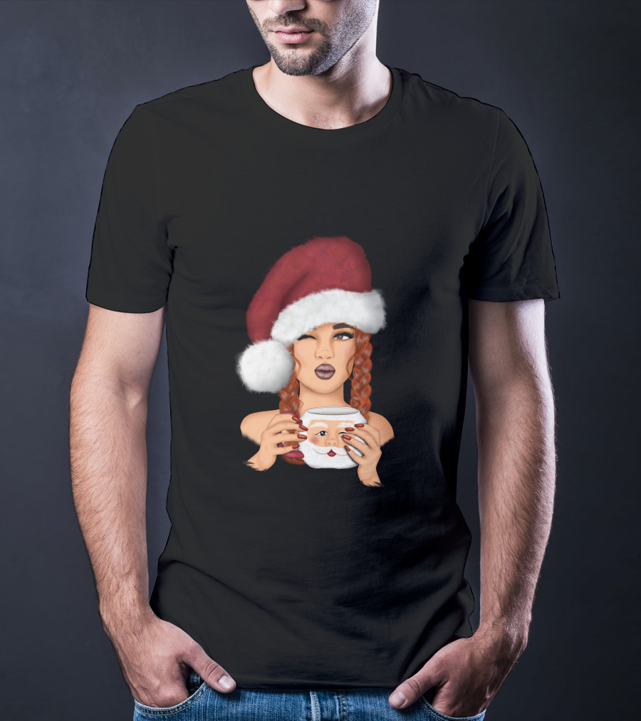 Christmas Red Hair Girl With Santa Hat And Santa Mug T-Shirt