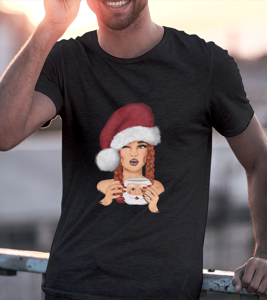 Christmas Red Hair Girl With Santa Hat And Santa Mug T-Shirt