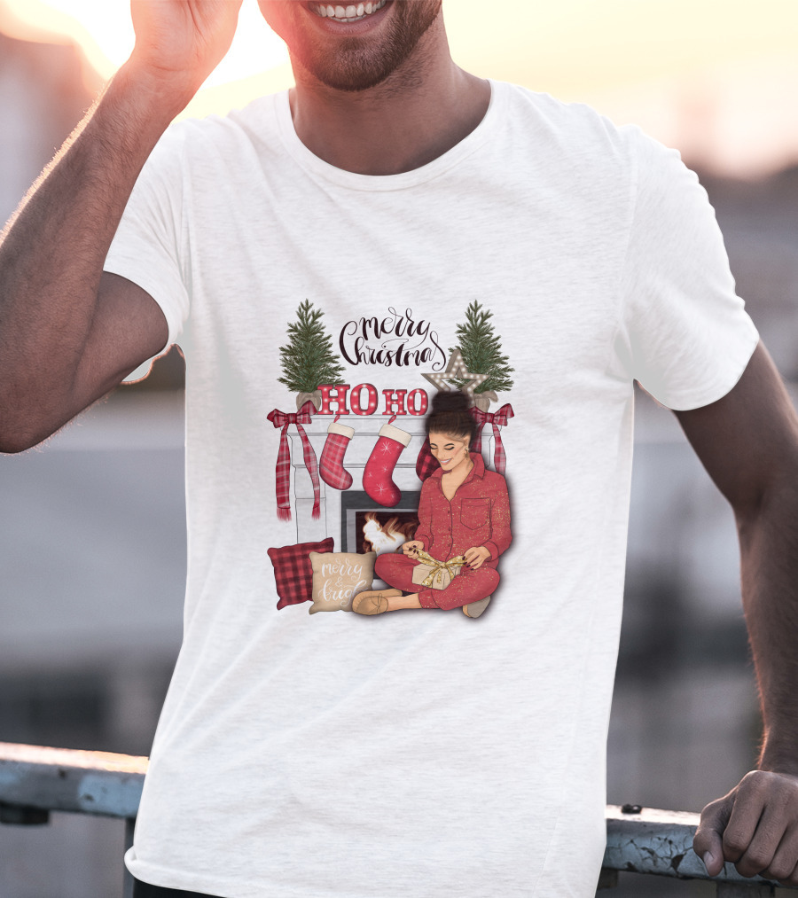 Merry Christmas Ho Ho Ho Girl By Fireplace With Stockings And Christmas Tree Decor T-Shirt