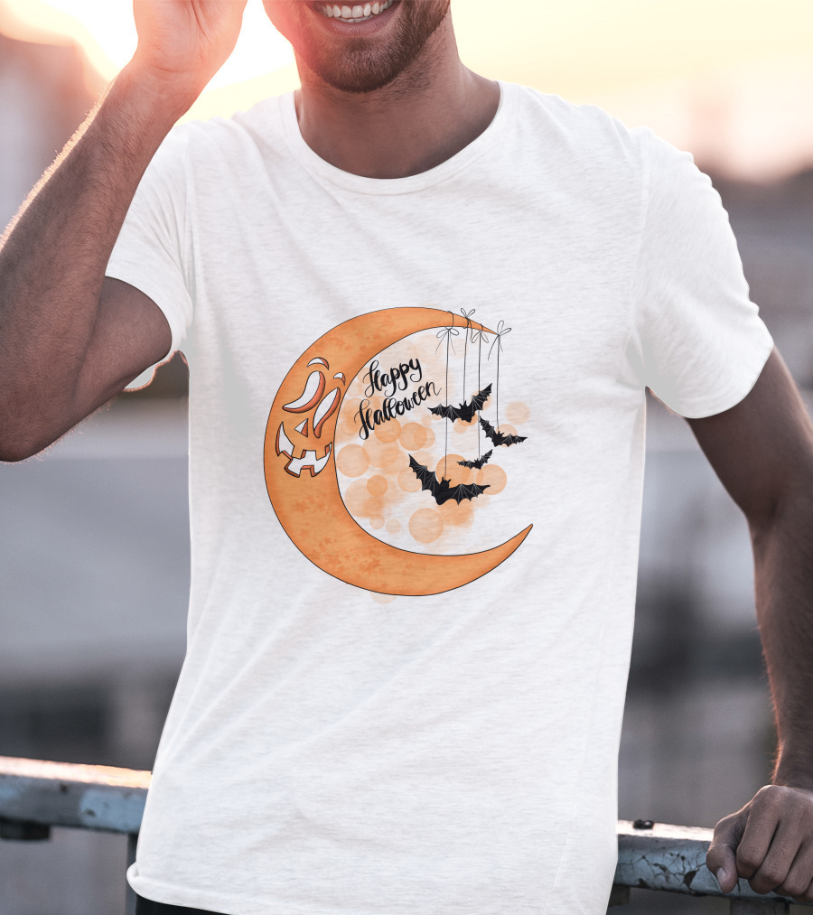 Happy Halloween Moon With Bats And Jack-O'-Lantern Face T-Shirt