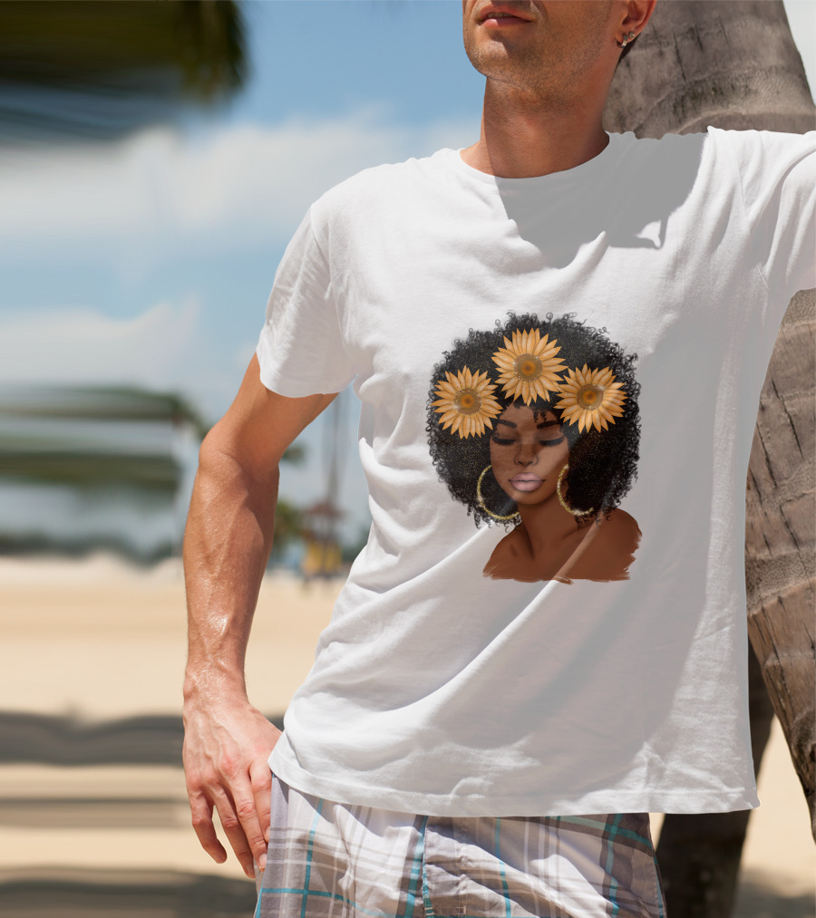 Afro Woman With Sunflowers And Hoop Earrings T-Shirt