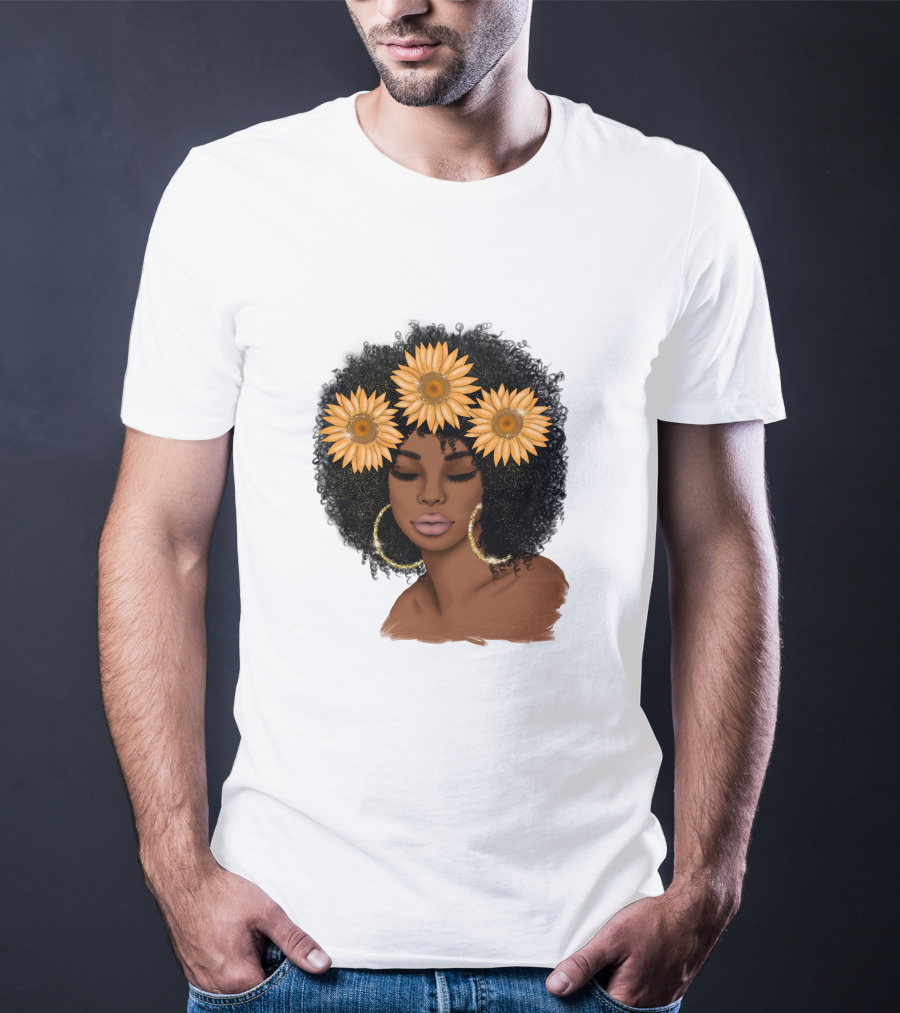 Afro Woman With Sunflowers And Hoop Earrings T-Shirt