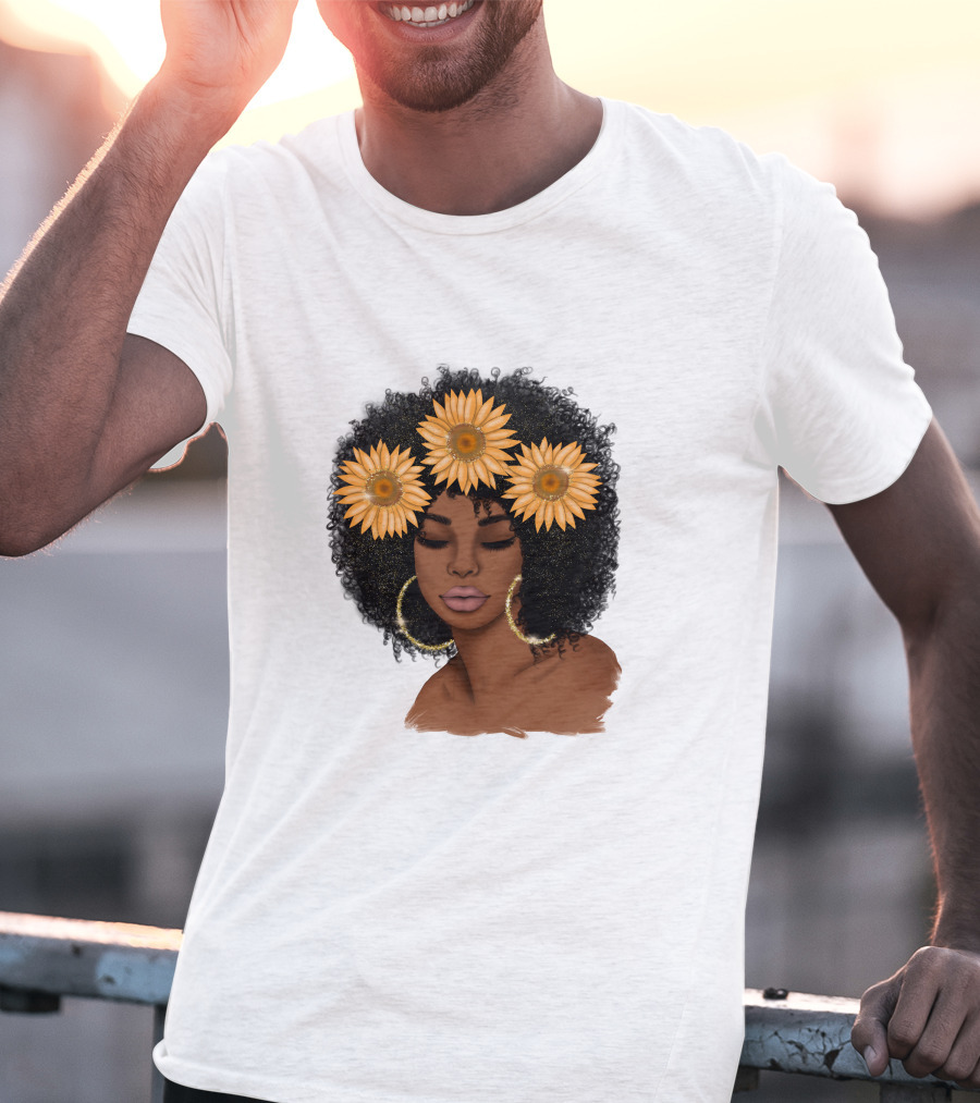 Afro Woman With Sunflowers And Hoop Earrings T-Shirt