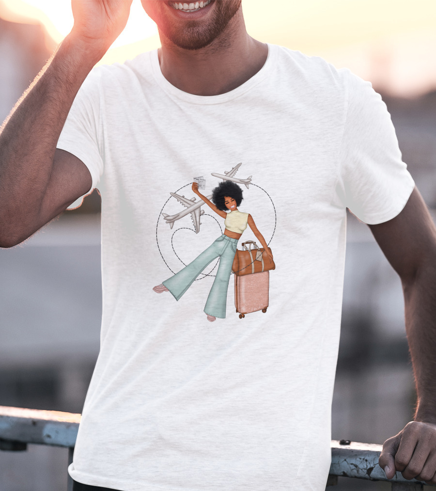 Traveling African American Girl With Suitcase And Airplanes T-Shirt