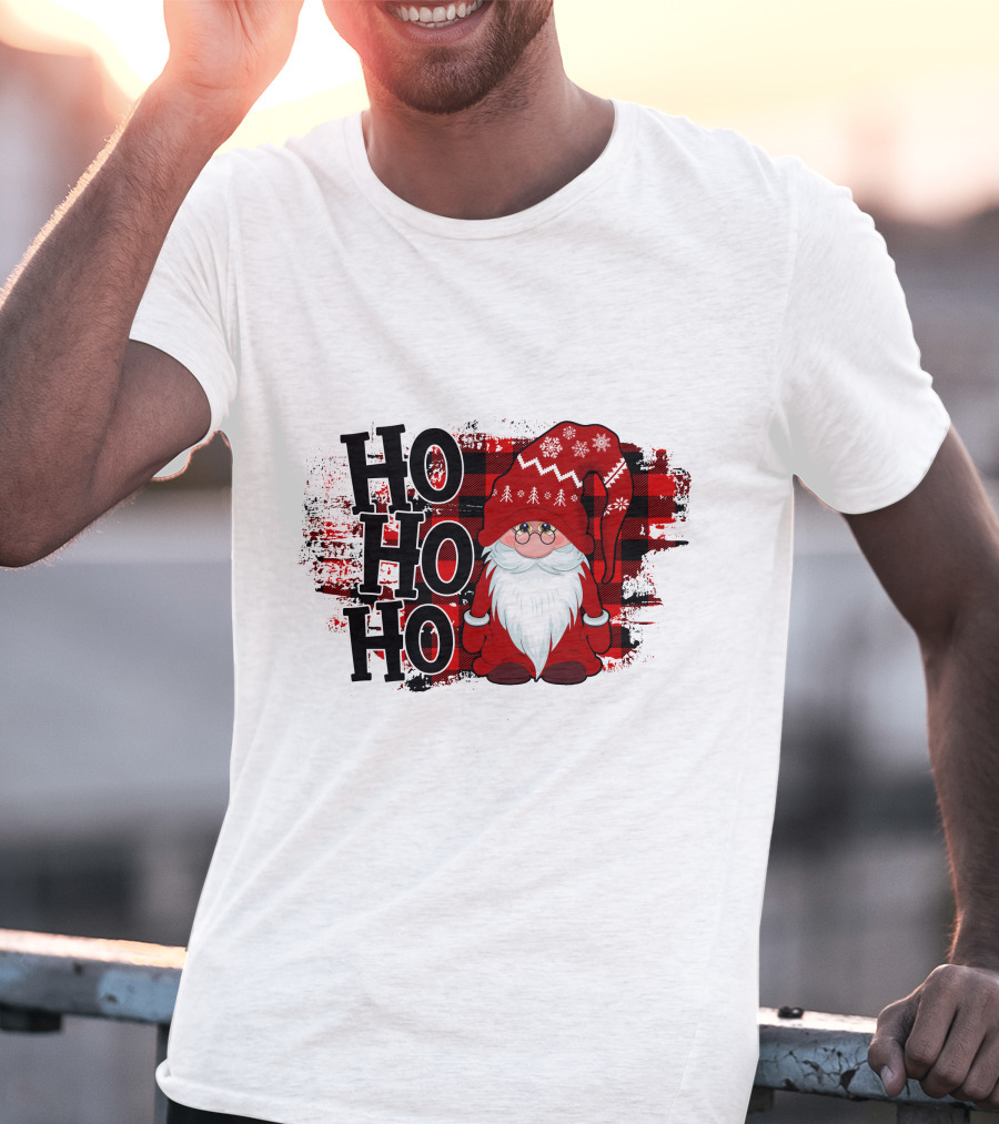 Ho Ho Ho Gnome Christmas Plaid Santa T-Shirt
