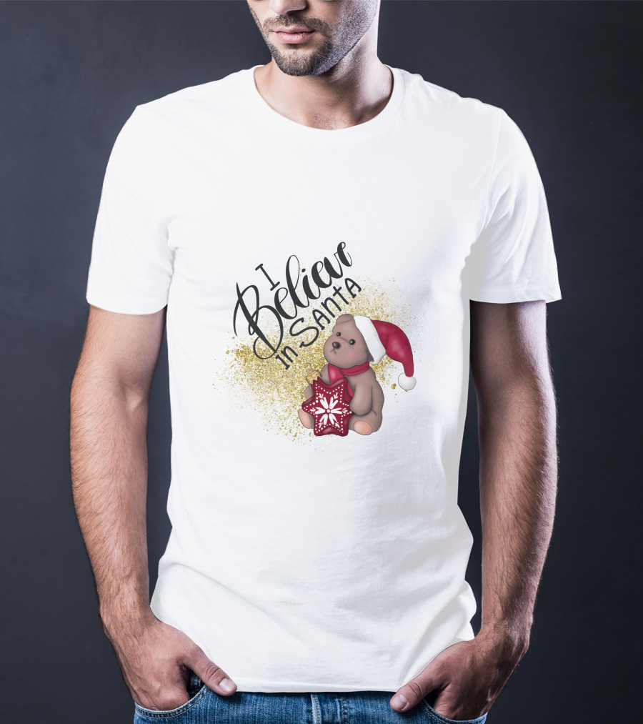 I Believe In Santa Bear With Red Hat And Star Cookie T-Shirt