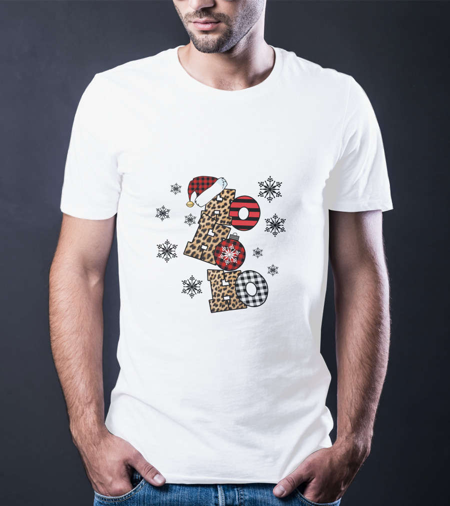 Ho Ho Ho Christmas Leopard Print Santa Snowflakes T-Shirt