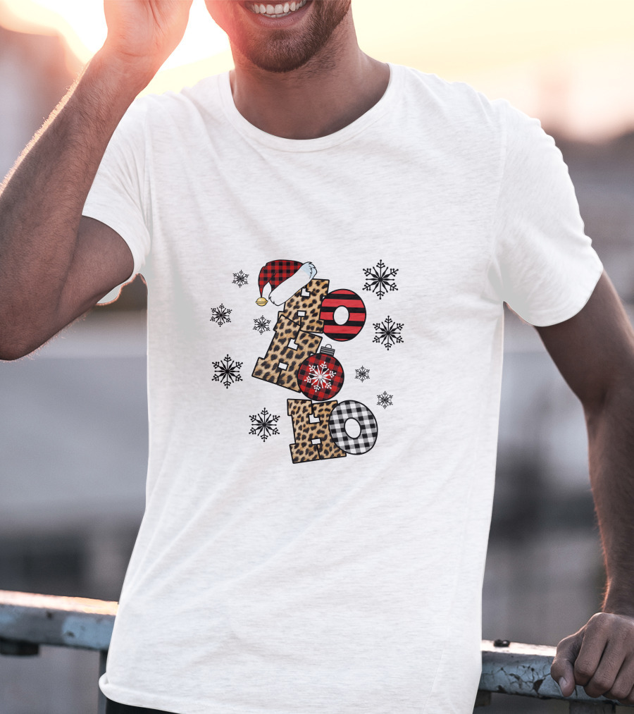Ho Ho Ho Christmas Leopard Print Santa Snowflakes T-Shirt