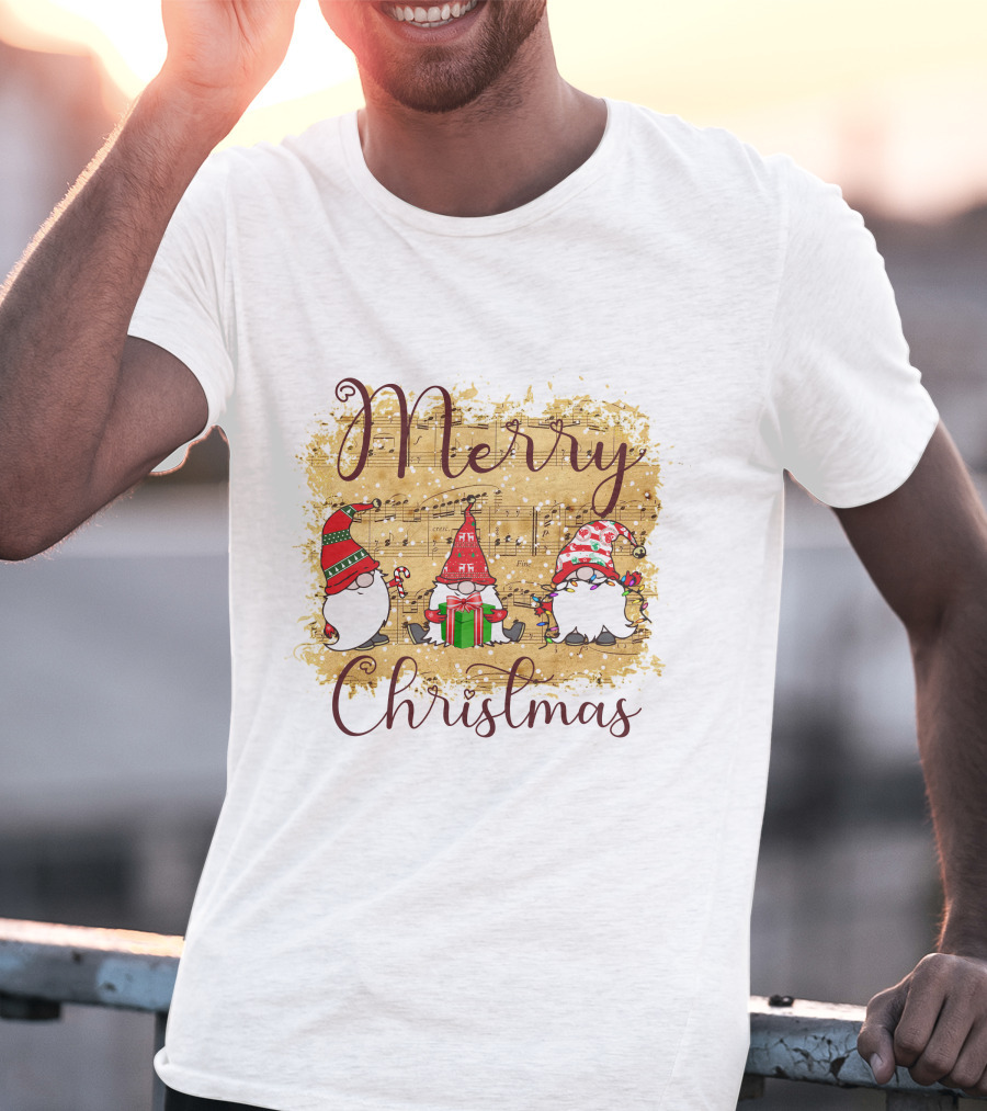 Merry Christmas Gnomies Holiday Music Sheet And Festive Gnomes T-Shirt
