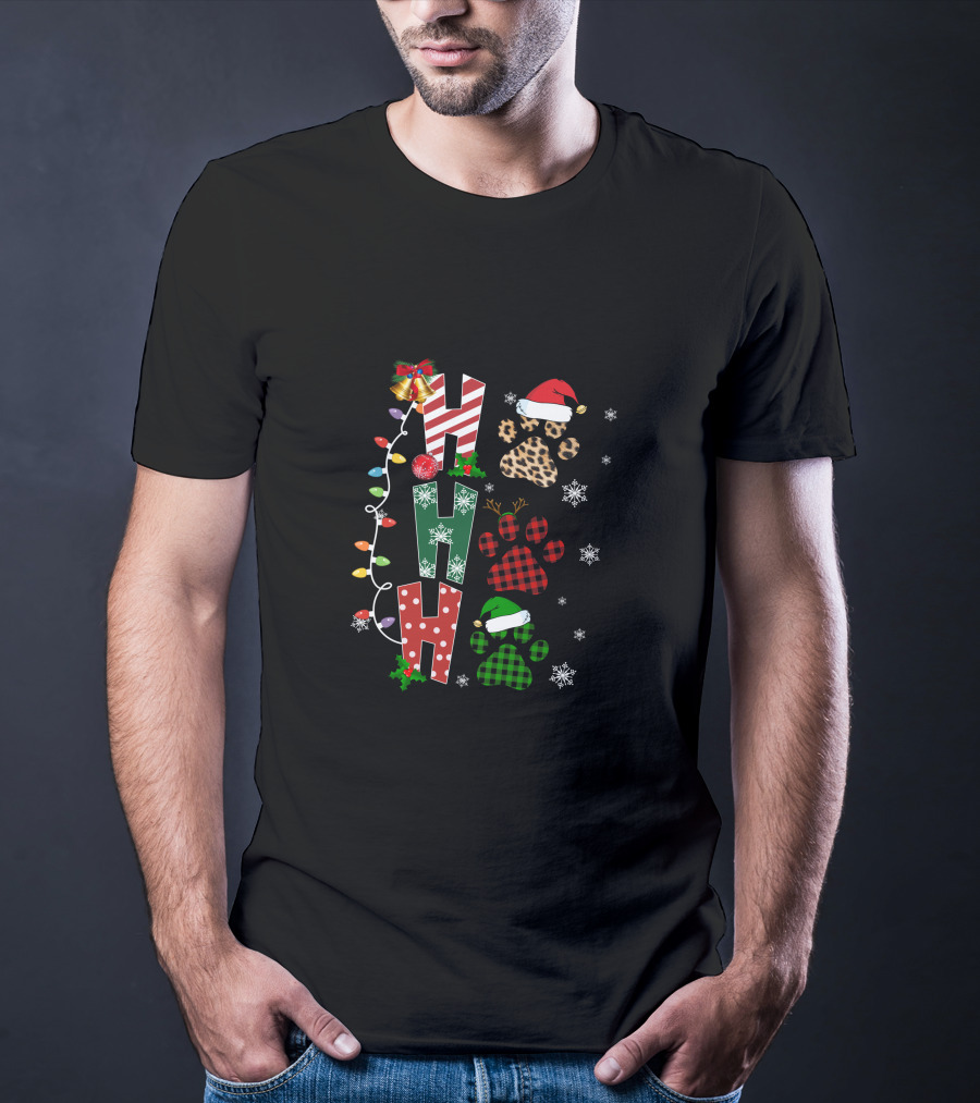 Paws Ho Ho Ho Christmas Lights Santa Hat Leopard Red Green Buffalo Plaid Snowflakes T-Shirt