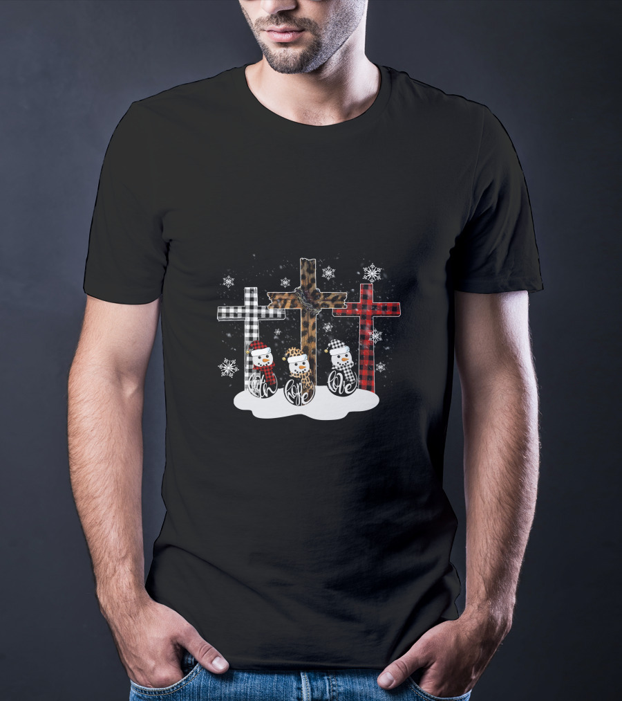 Leopard Plaid Snowman Faith Love Winter Crosses T-Shirt