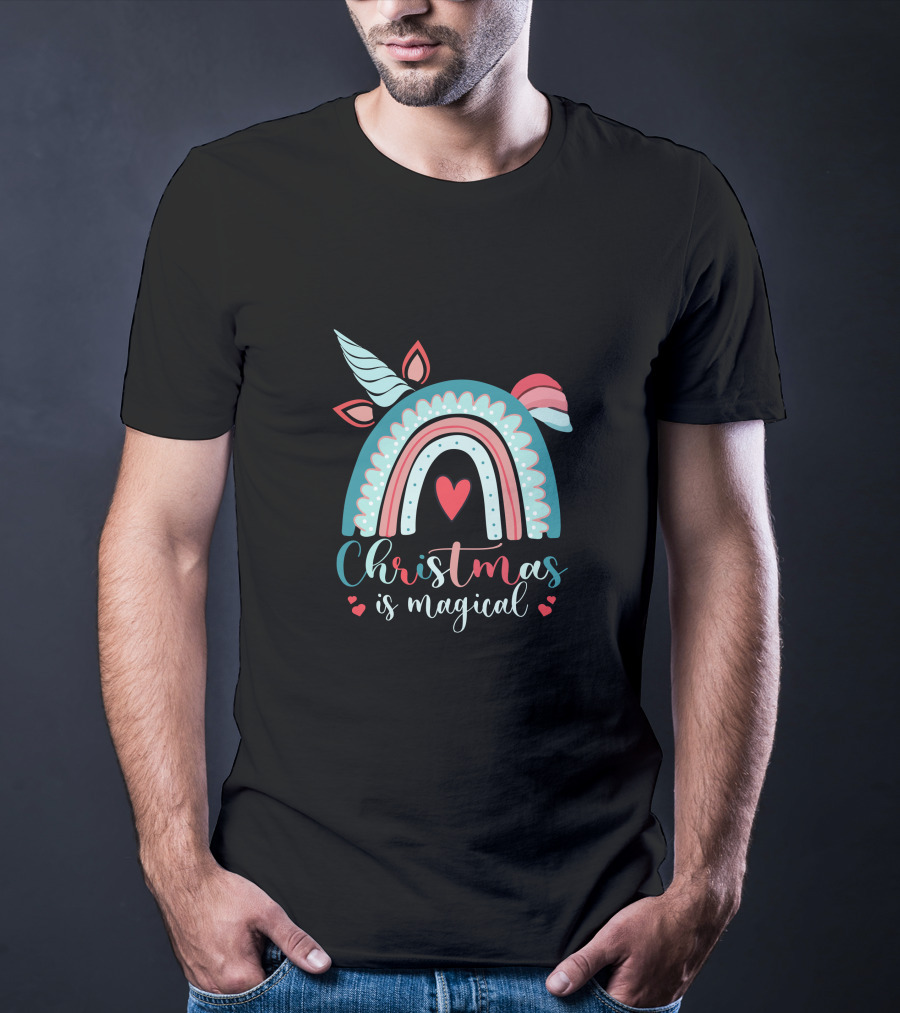 Christmas Is Magical Unicorn Rainbow Heart T-Shirt