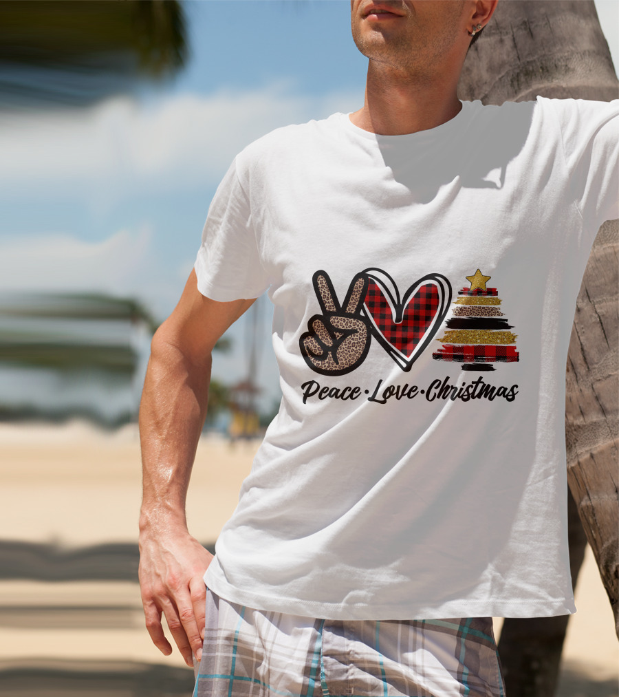 Peace Love Christmas Leopard Plaid Tree Star T-Shirt