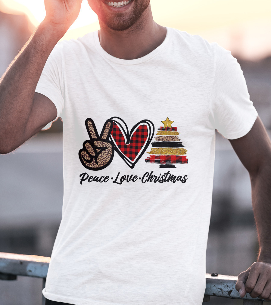 Peace Love Christmas Leopard Plaid Tree Star T-Shirt
