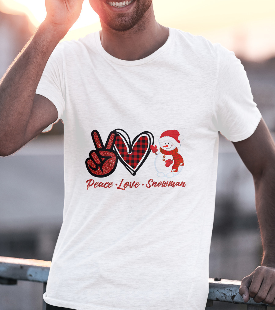Peace Love Snowman Plaid Heart Glitter Peace Sign T-Shirt