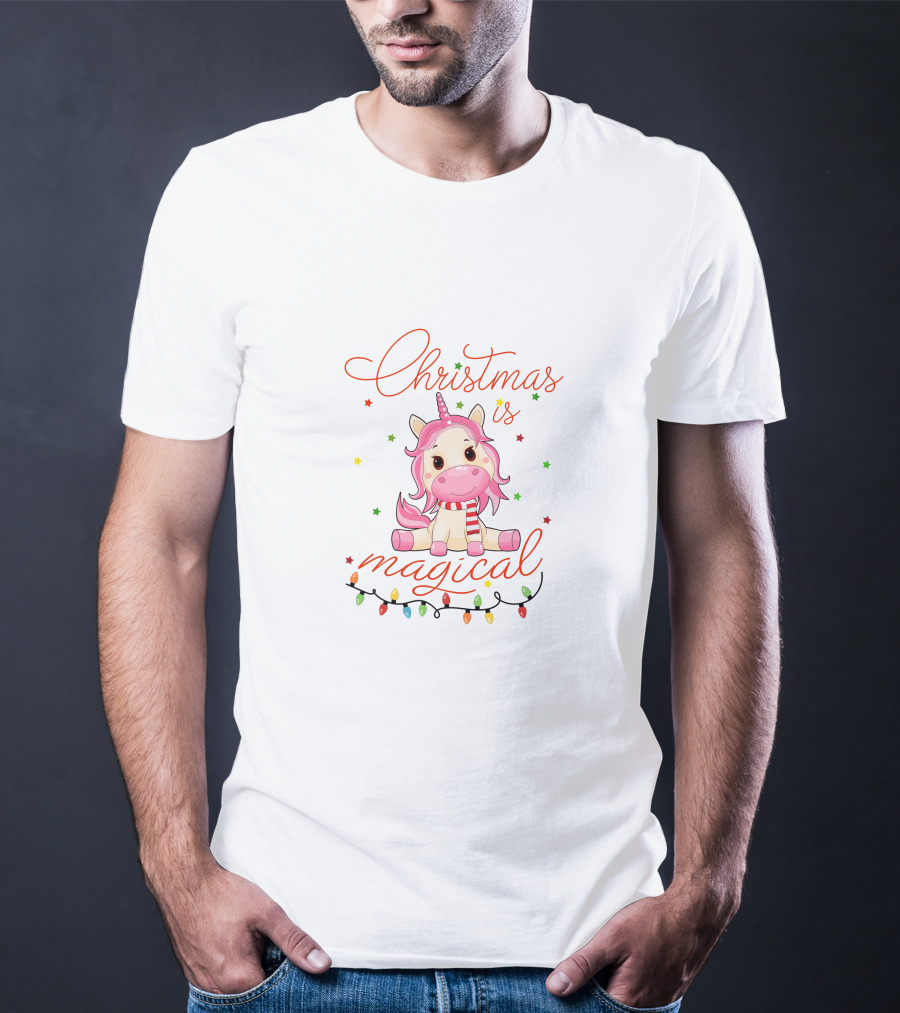 Christmas Is Magical Unicorn With Festive Lights And Stars T-Shirt